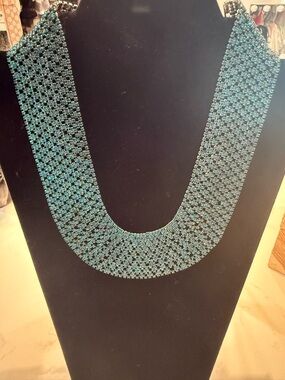 Handcrafted Teal Seed Bead Collar Necklace - Women Jewelry